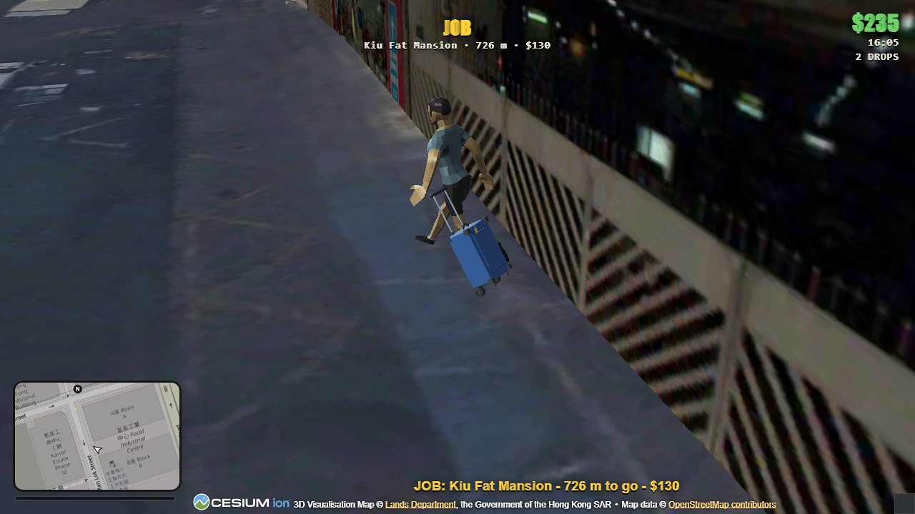 A delivery: follow the route, then hand over the parcel to earn the fare.